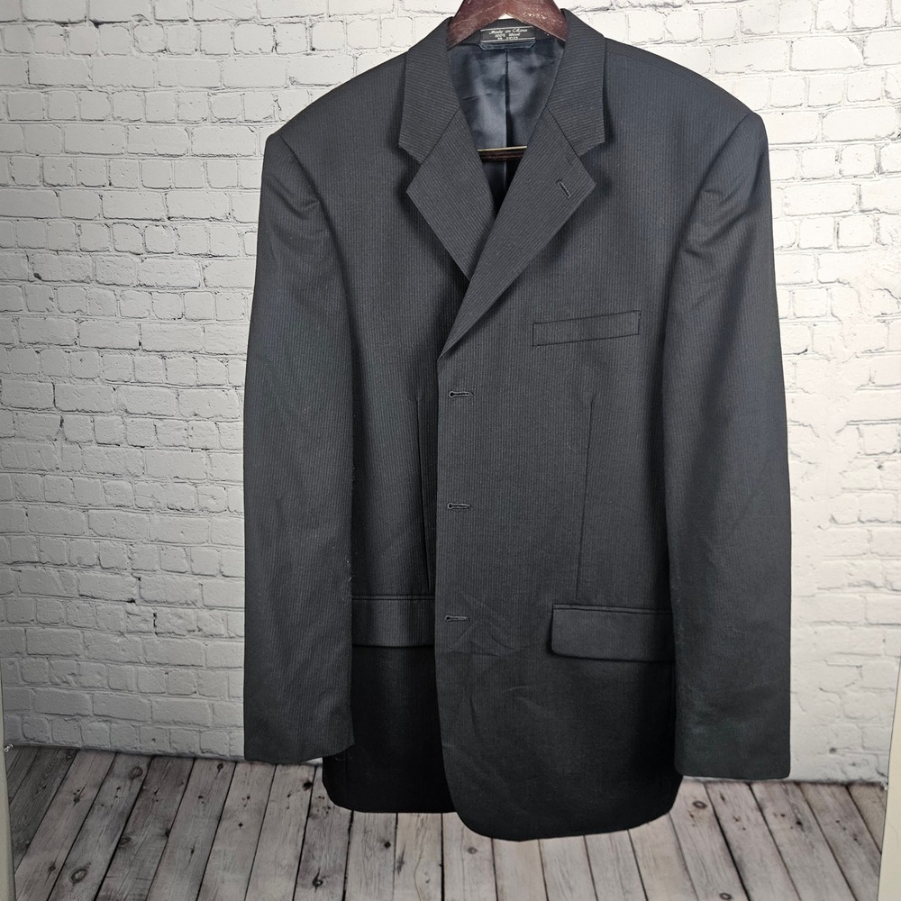 Jeffrey Banks Couture Mens 44L Black Pinstripe 100% Wool 3-Button Blazer‎ Jacket